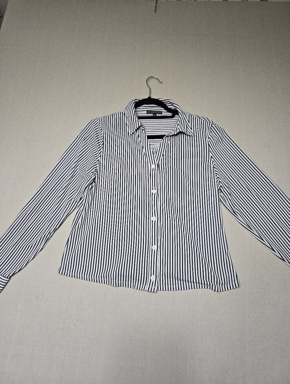 Adrianna Papell Black & White Vertical Stripe Button-Down Shirt W Stretch